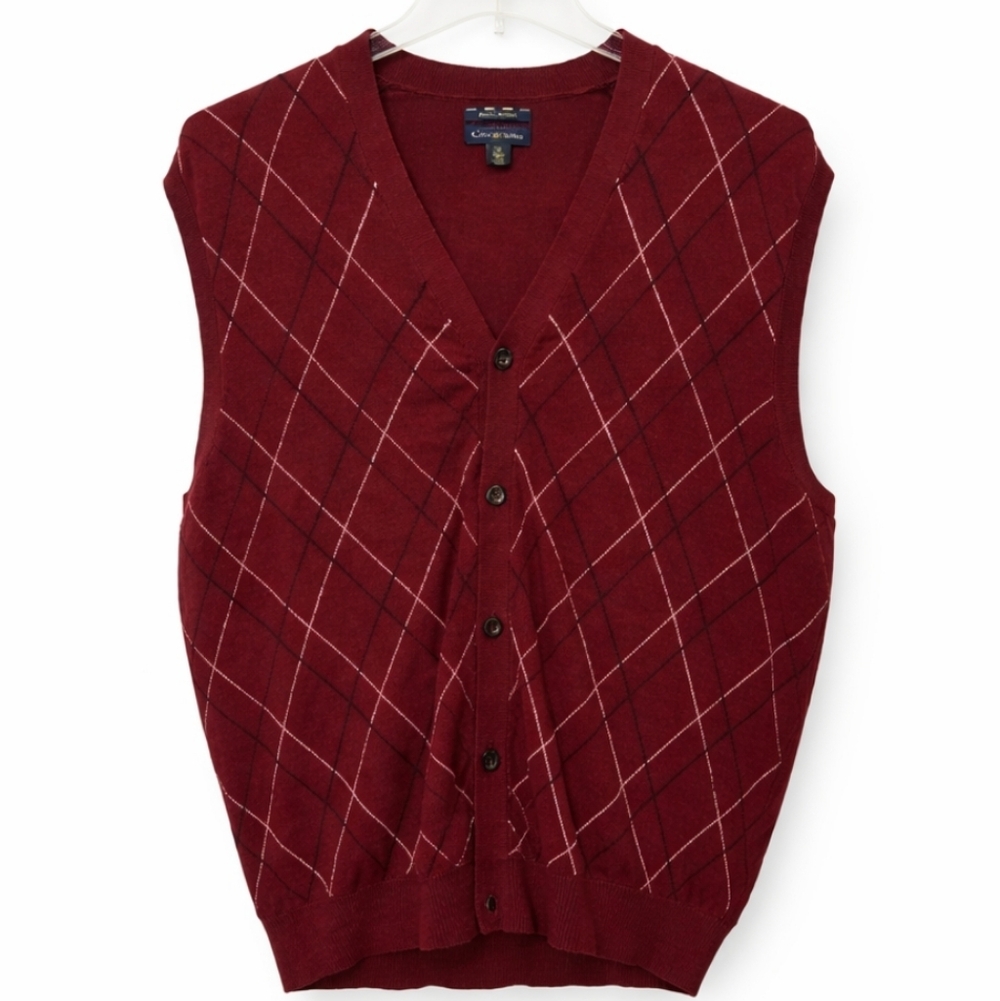 Charter Club Burgundy 100% Merino Wool Argyle Mens Button Up Sweater Vest Sz XL